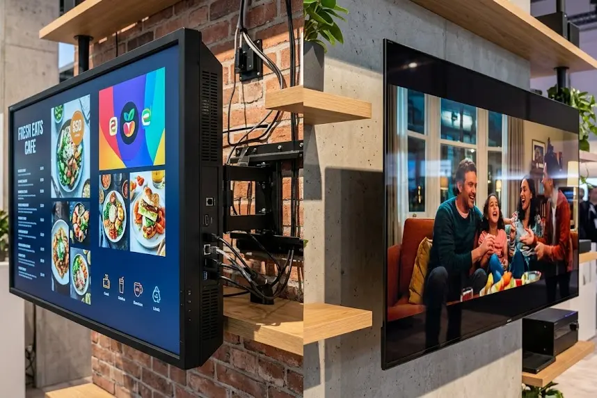 Commercieel display versus consuminte-tv: belangriekste versjille, echte kost...