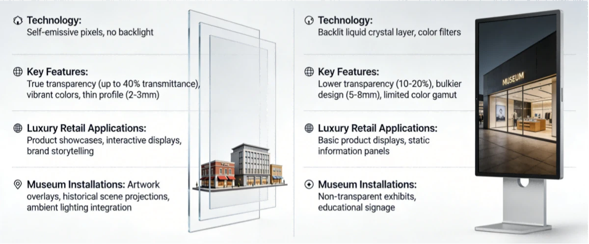 Comparison of transparent OLED versus LCD display technology for luxury retail and museum installations Comparison of transparent OLED versus LCD display technology for luxury retail and museum installations