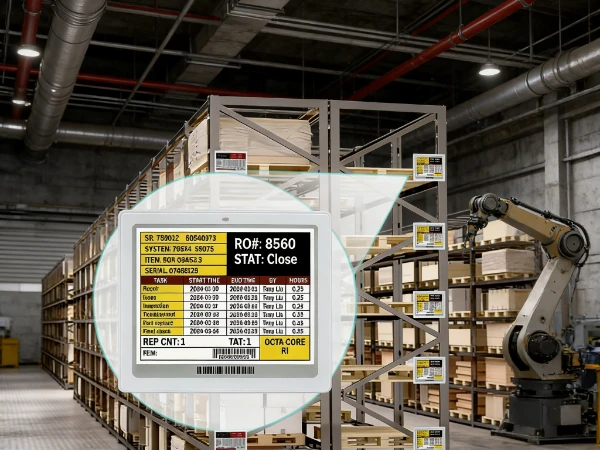E-ink price tags used as warehouse bin labels showing SKU and location codes on metal shelving