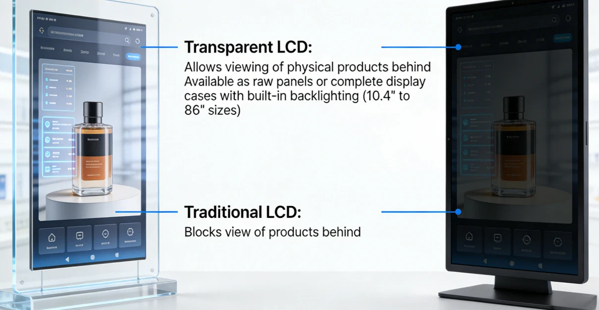 Clear LCD screen vs traditional display comparison showing digital content layered over physical retail products in a transparent display case