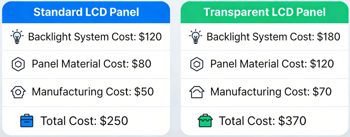 Hardware pricing and cost comparison analysis between 43 inch commercial grade standard LCD and transparent LCD panels including backlight systems