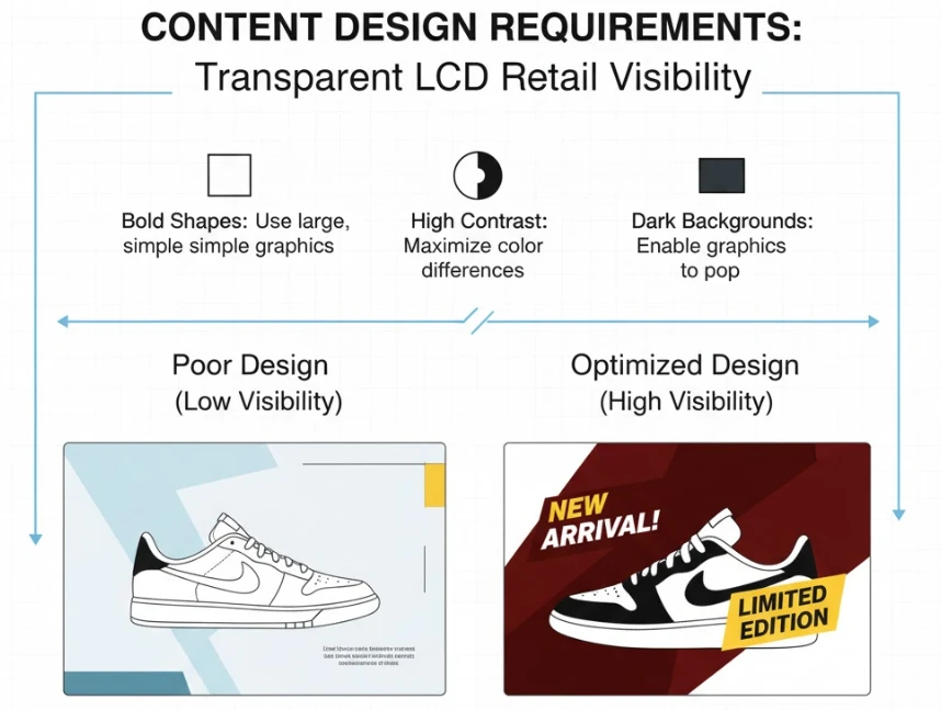 Content design requirements for transparent LCD screens highlighting the need for bold shapes, high contrast, and dark backgrounds for optimal retail visibility