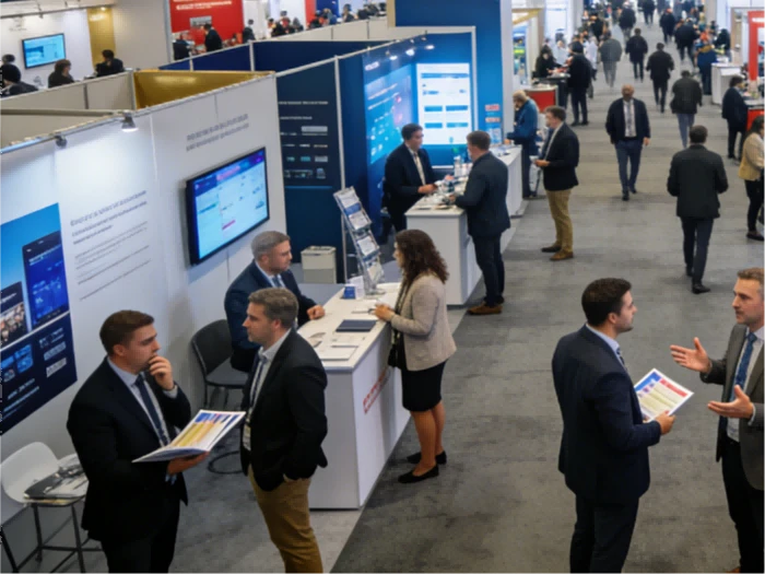 Trade show floor with attendees interacting with exhibitor booths, highlighting the challenge of lead quality and event lead conversion