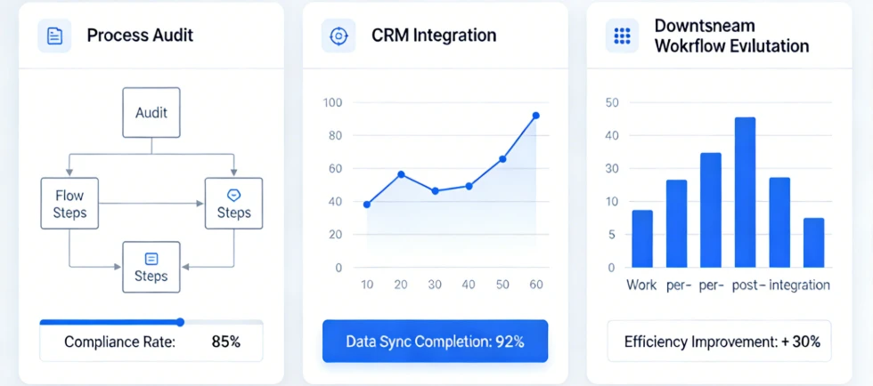Data analytics dashboard on a screen, representing the process audit, CRM integration, and downstream workflow evaluation needed before investing in interactive kiosk hardware Data analytics dashboard on a screen, representing the process audit, CRM integration, and downstream workflow evaluation needed before investing in interactive kiosk hardware