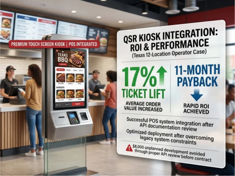 Premium touch screen kiosk integrated with restaurant POS system for QSR operator showing ROI and ticket lift