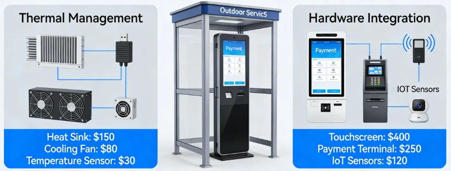 Outdoor IP65 rated self-service kiosk deployment showing thermal management and hardware integration costs Outdoor IP65 rated self-service kiosk deployment showing thermal management and hardware integration costs