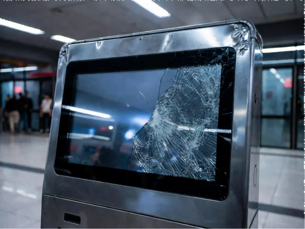 Broken touch screen kiosk in a transit station highlighting the critical need for a reliable touch screen kiosk supplier with full manufacturing control and traceability