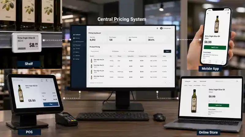  Omnichannel price consistency connecting electronic shelf labels, POS, mobile app, and online store